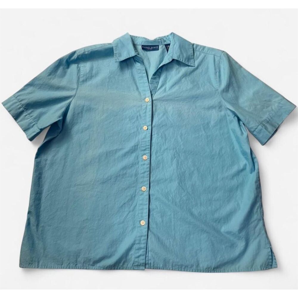 Karen‎ Scott Sport Women's Blue Short Sleeve Button-Up Shirt Size L 100%cotton